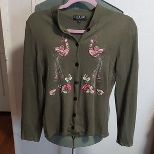 Citron Green Button Down Sweater with Embroidery
